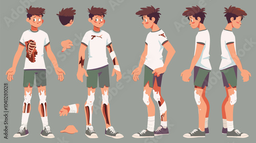 Set of sad character man with injuries. Fracture or dislocation of the leg, arm, neck damage, injury recovery, recovery