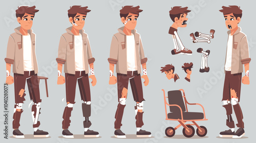Set of sad character man with injuries. Fracture or dislocation of the leg, arm, neck damage, injury recovery, recovery