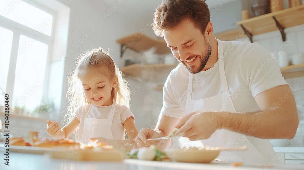 Fototapeta premium Father and daughter preparing food in modern kitchen