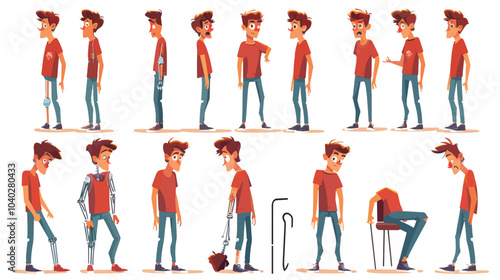 Set of sad character man with injuries. Fracture or dislocation of the leg, arm, neck damage, injury recovery, recovery
