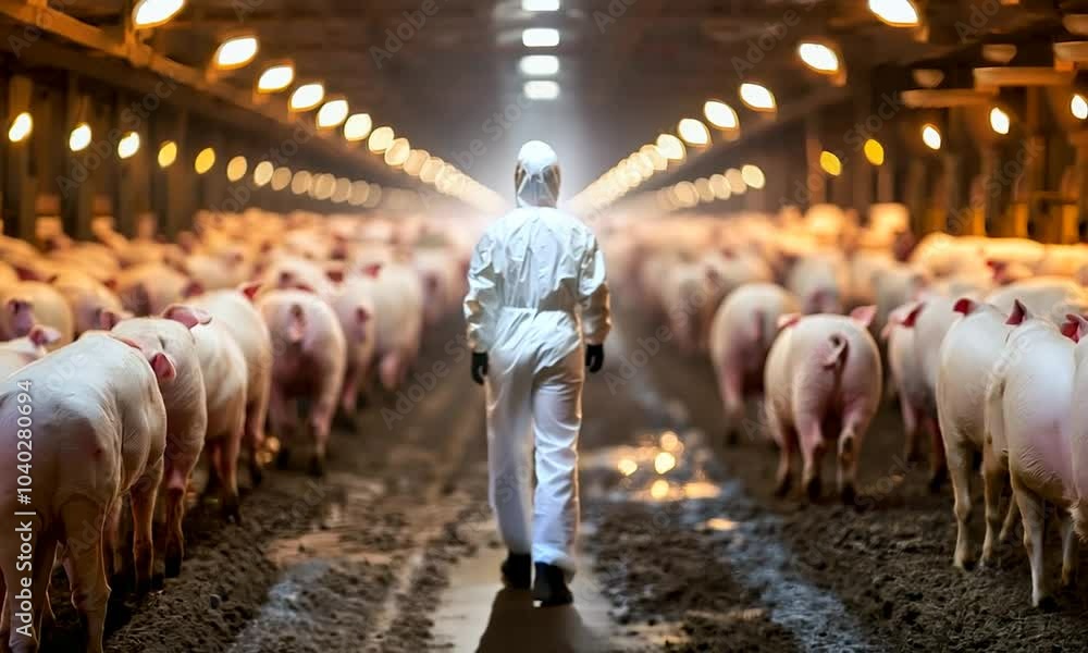 A person in a protective suit stands among pigs in a farm setting, showcasing agriculture and animal husbandry. A person in a protective suit stands among pigs in a farm setting, showcasing agriculture and animal husbandry.