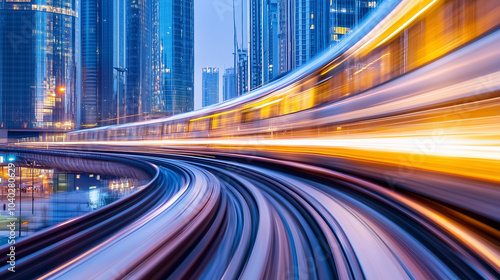 Moving trains create vibrant light trails in a bustling urban environment as night approaches