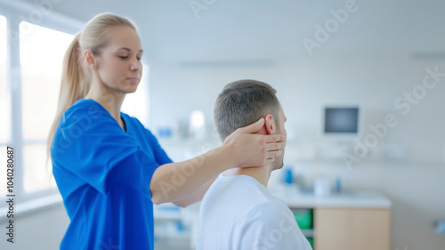 Therapist providing a neck and hand massage to a patient during a rehabilitation session in a hospital