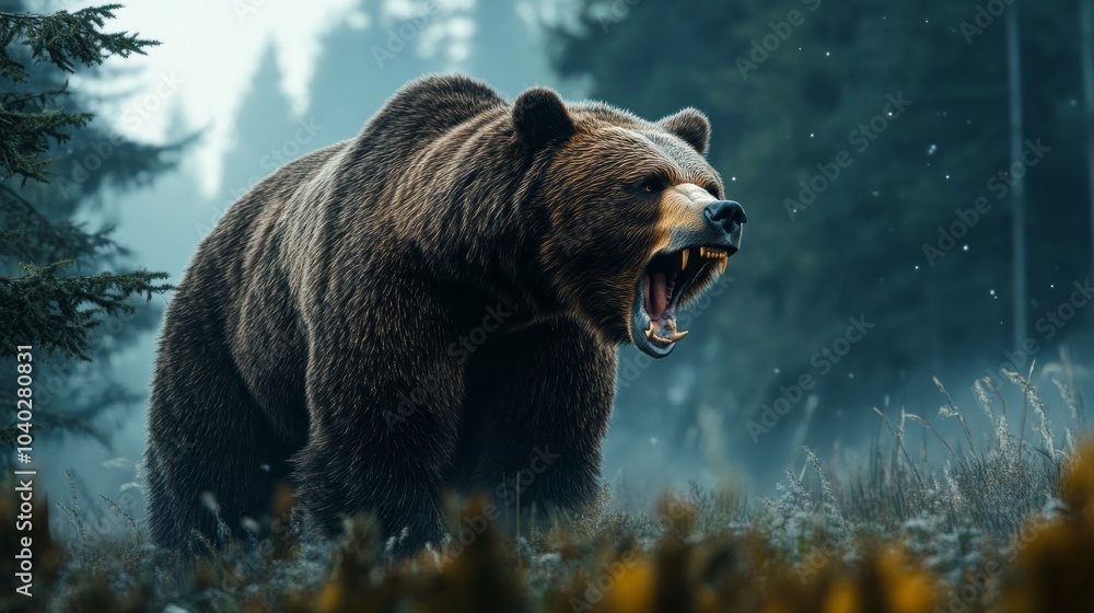 A large brown bear is standing in a forest, with its mouth open and teeth bared A large brown bear is standing in a forest, with its mouth open and teeth bared