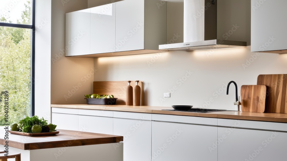 Sleek modern kitchen with white cabinets, wooden countertops, pendant lights, dining table, chairs, and green plants, creating a fresh and stylish atmosphere. Sleek modern kitchen with white cabinets, wooden countertops, pendant lights, dining table, chairs, and green plants, creating a fresh and stylish atmosphere.