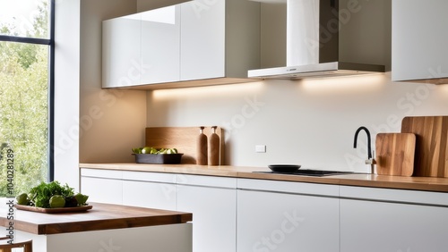 Sleek modern kitchen with white cabinets, wooden countertops, pendant lights, dining table, chairs, and green plants, creating a fresh and stylish atmosphere.