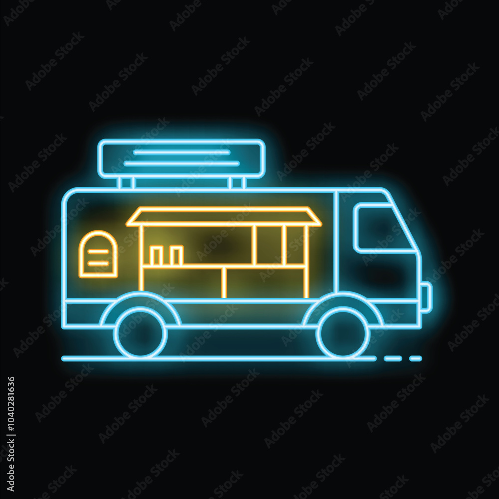 Neon food truck icon glowing, concept of street food, restaurants and fast food Neon food truck icon glowing, concept of street food, restaurants and fast food