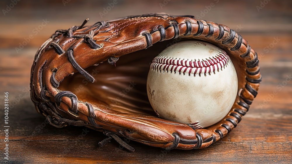 Worn Leather Baseball Glove with a Well-used Baseball Worn Leather Baseball Glove with a Well-used Baseball
