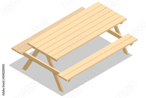 Isometric Wood picnic table with benches, wooden furniture for outdoor bbq dining, garden desk, new empty picnic wooden table isolated on white background.