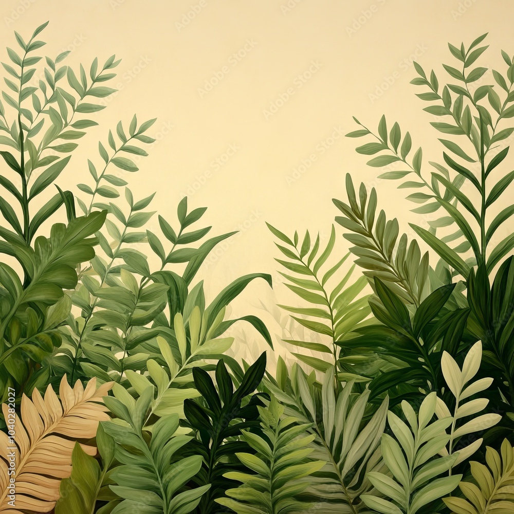 Fototapeta premium Lush green foliage featuring various plant leaves against a soft background.