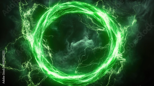 Abstract green lightning background with intricate circular shapes, symbolizing electric energy and futuristic technology. This high-resolution design features sharp focus, high contrast, and cinemati