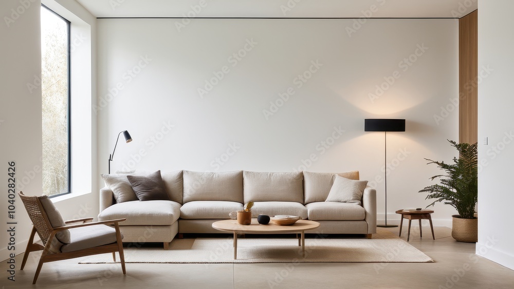 Fototapeta premium Elegant living room with beige sectional sofa, cream pillows, floor lamp, woven rug, and potted plant on light wood floor, bright minimalist decor.