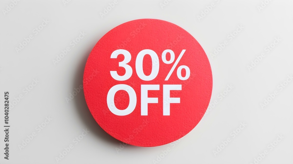 White '30% OFF' Text on a Red Round Paper Note. White Background with Copy Space White '30% OFF' Text on a Red Round Paper Note. White Background with Copy Space