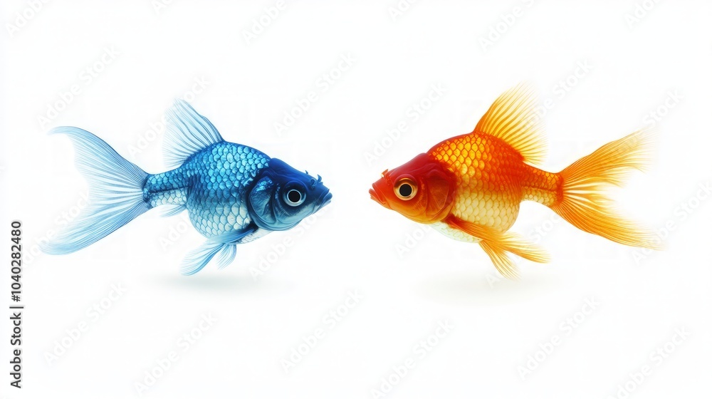 Dynamic fish icon design, colorful aquatic creatures swimming in opposing directions, symbolizing harmony and contrast in a vibrant underwater theme Dynamic fish icon design, colorful aquatic creatures swimming in opposing directions, symbolizing harmony and contrast in a vibrant underwater theme