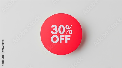 White '30% OFF' Text on a Red Round Paper Note. White Background with Copy Space