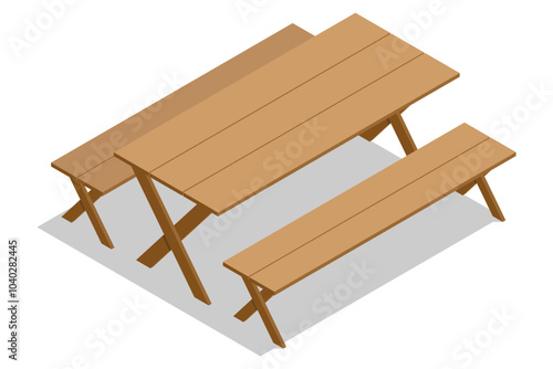 Isometric Wood picnic table with benches, wooden furniture for outdoor bbq dining, garden desk, new empty picnic wooden table isolated on white background.