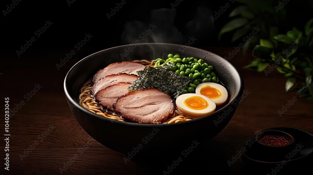 Delicious bowl of ramen with tender pork slices, soft-boiled eggs, and fresh vegetables on a wooden table. Delicious bowl of ramen with tender pork slices, soft-boiled eggs, and fresh vegetables on a wooden table.