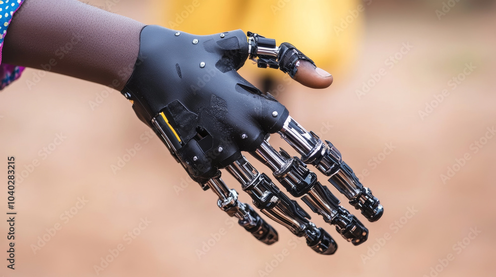 A detailed robotic hand showcases advanced technology and innovation, symbolizing hope and progress in prosthetics. This remarkable device represents future of human enhancement and accessibility A detailed robotic hand showcases advanced technology and innovation, symbolizing hope and progress in prosthetics. This remarkable device represents future of human enhancement and accessibility