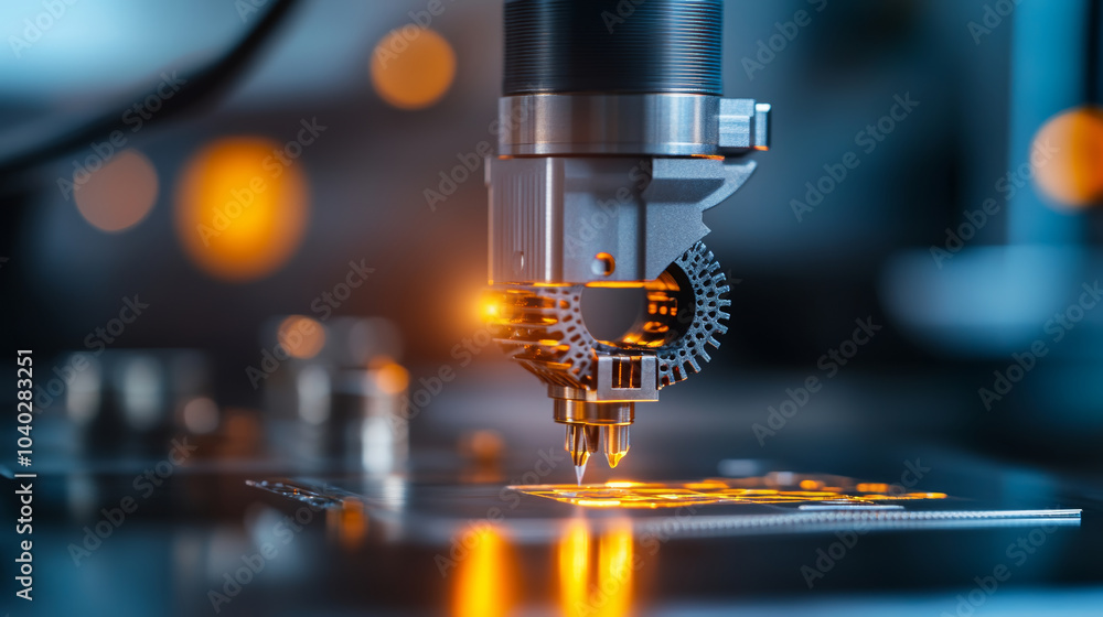 High tech laser engraving machine in action, showcasing precision and innovation in manufacturing. glowing details highlight intricate design process High tech laser engraving machine in action, showcasing precision and innovation in manufacturing. glowing details highlight intricate design process