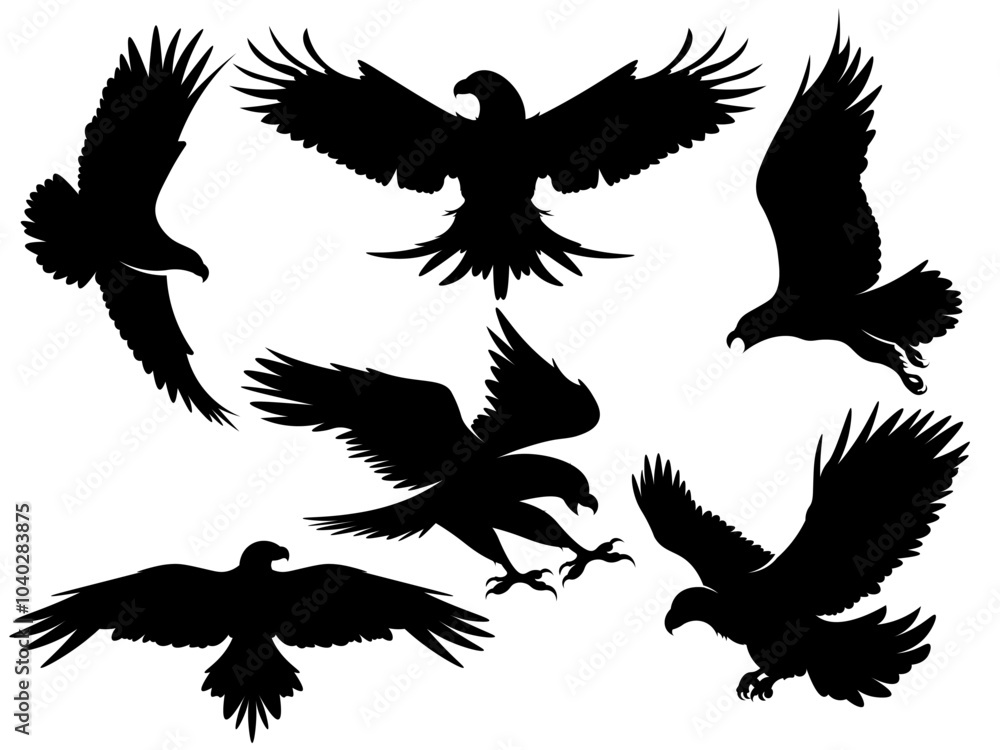 Obraz premium Eagle silhouette. Flying hawk. Black and white freedom symbol. Falconry hunting. Flight predator soaring. Animal with wings. American heraldic sign. Graphic print. Vector fauna icons set