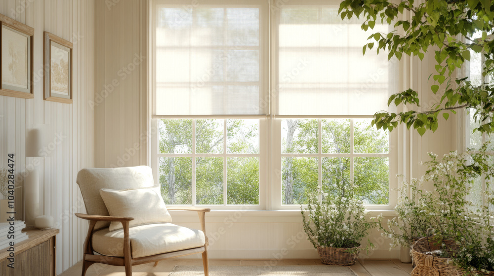 Fototapeta premium A cozy and bright interior featuring comfortable chair by large window, adorned with soft shades. Lush greenery outside enhances serene atmosphere, creating peaceful retreat