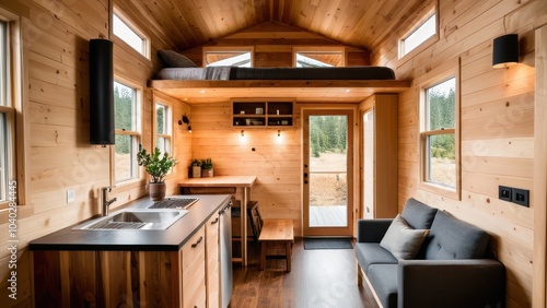 A cozy tiny house interior with wooden walls, a loft bed, kitchen, and dining area, features large windows showing a snowy landscape outside. photo