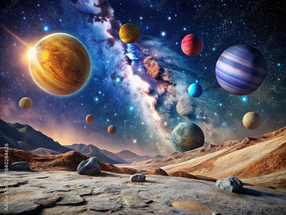 Fototapeta premium Stunning Minimalist Space Landscape with Rocky Planets and Satellites in a Planetary System View