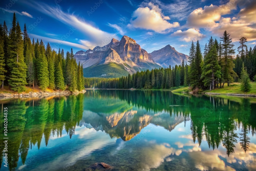 Stunning Mountain Reflection in a Serene Lake Surrounded by Pine Trees Stunning Mountain Reflection in a Serene Lake Surrounded by Pine Trees