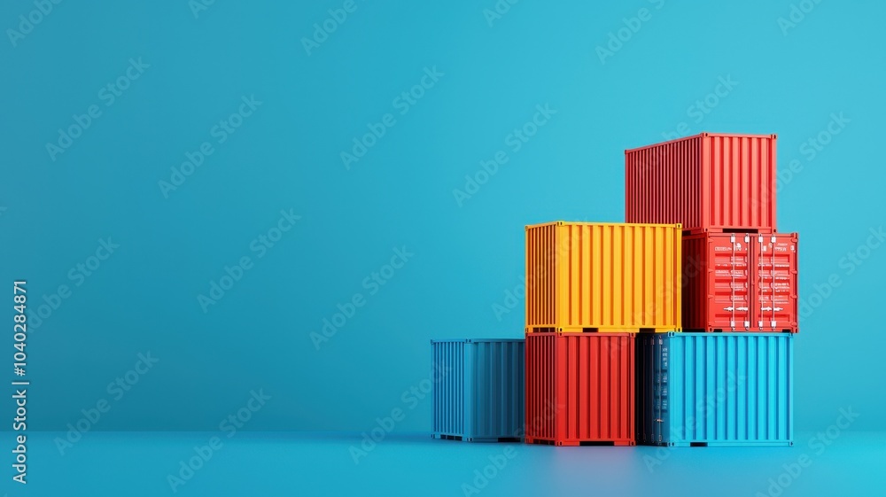 Colorful shipping containers stacked on a bright blue background Colorful shipping containers stacked on a bright blue background