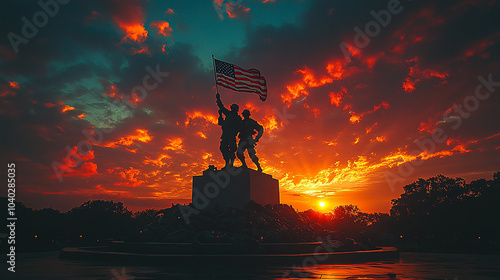 Silhouetted soldiers, carrying a flag, veterans day