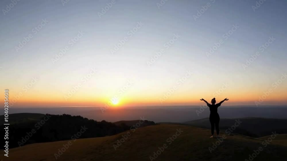 Woman Silhouette with Arms Raised on Mountaintop at Sunrise Woman Silhouette with Arms Raised on Mountaintop at Sunrise