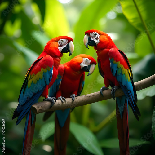 Group of colorful macaws engaged in vibrant midday chatter amid lush foliage