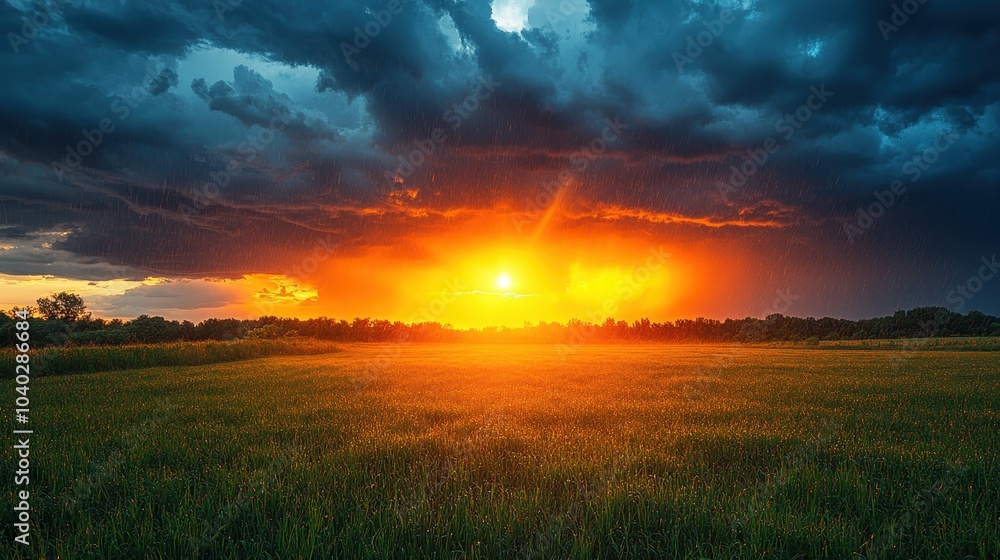 Dramatic sunset over a serene landscape with lush greenery and approaching storm clouds Dramatic sunset over a serene landscape with lush greenery and approaching storm clouds