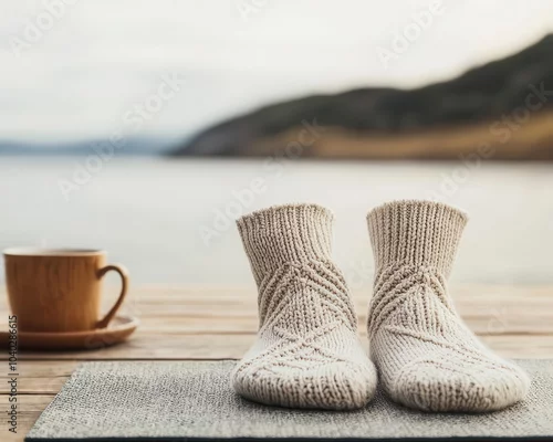 Fototapeta na wymiar Feet in yoga socks on a mat with a peaceful beach view in the background, mindfulness, yoga lifestyle