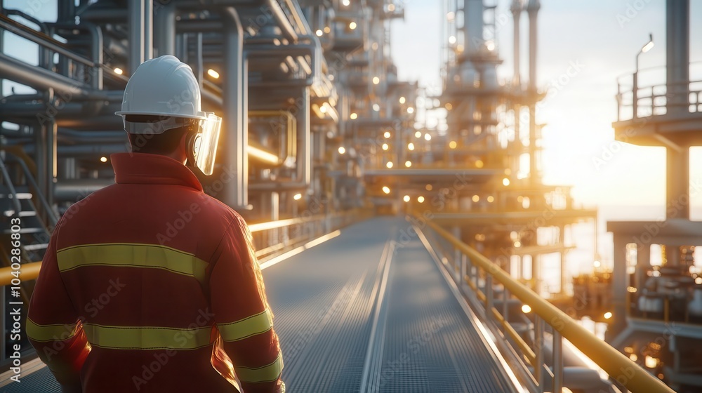 A worker in an oil and gas facility, wearing safety gear like a hard hat and a high visibility safety coverall with reflective stripes A worker in an oil and gas facility, wearing safety gear like a hard hat and a high visibility safety coverall with reflective stripes