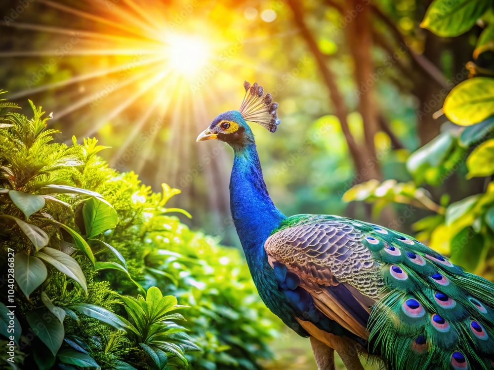 Fototapeta premium Stunning Peacock Displaying Vibrant Feathers in Lush Greenery - Nature Photography