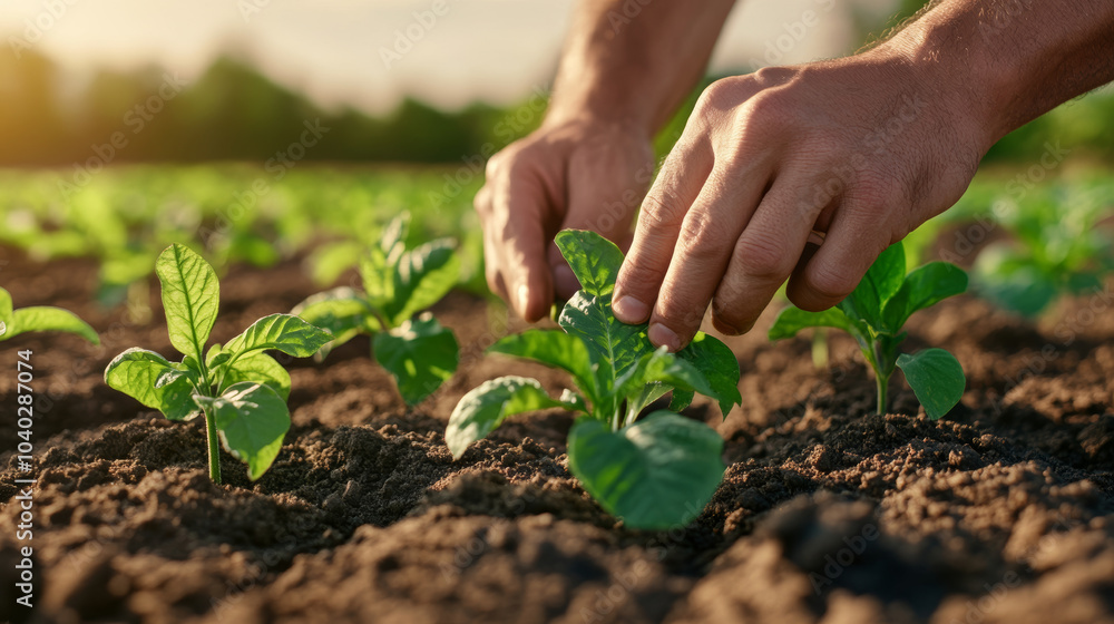 Nurturing young plants in fertile soil, hands gently tending to growth of green leaves under warm sunlight, symbolizes care and dedication in agriculture Nurturing young plants in fertile soil, hands gently tending to growth of green leaves under warm sunlight, symbolizes care and dedication in agriculture