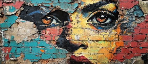 A colorful mural of a woman's face painted on a brick wall with peeling paint. The face is partially obscured by the peeling paint, leaving only the eyes and part of the nose visible. 
