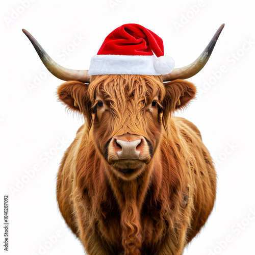highland cow wearing santa hat - christmas portrait