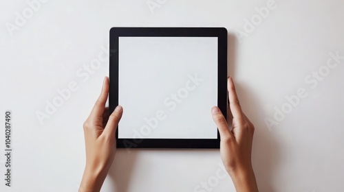 Touching a Black Tablet Screen with Hands on a White Background, a modern interaction showcasing technology and communication in a clean, minimalist setting.