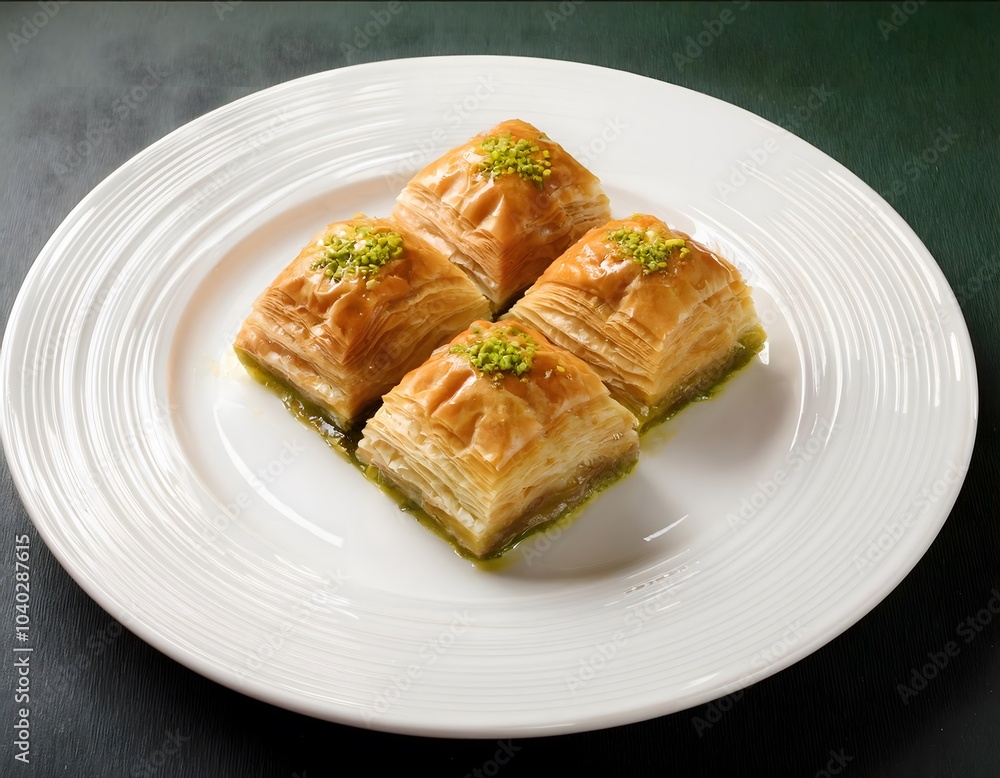 Delicious baklava on a white plate with a top view, perfect for restaurant menus Delicious baklava on a white plate with a top view, perfect for restaurant menus