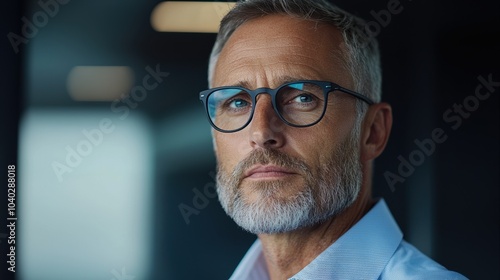 A high fidelity business portrait showcasing a mature male with glasses. The serious expression and modern setting reflect professionalism and confidence.