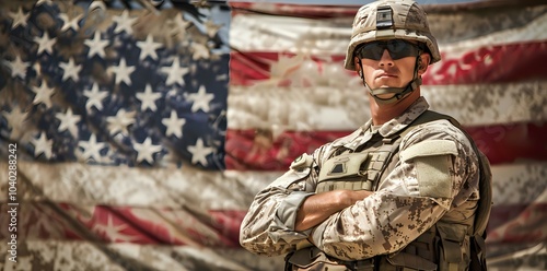 A soldier in uniform stands confidently in front of an American flag, symbolizing patriotism.