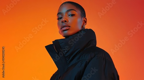 A captivating portrait of a young Black woman with short hair, confidently showcasing a stylish jacket against a vibrant background, highlighting modern fashion.