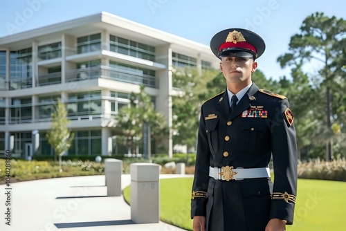 A soldier in uniform stands confidently outside a modern building in a landscaped area.