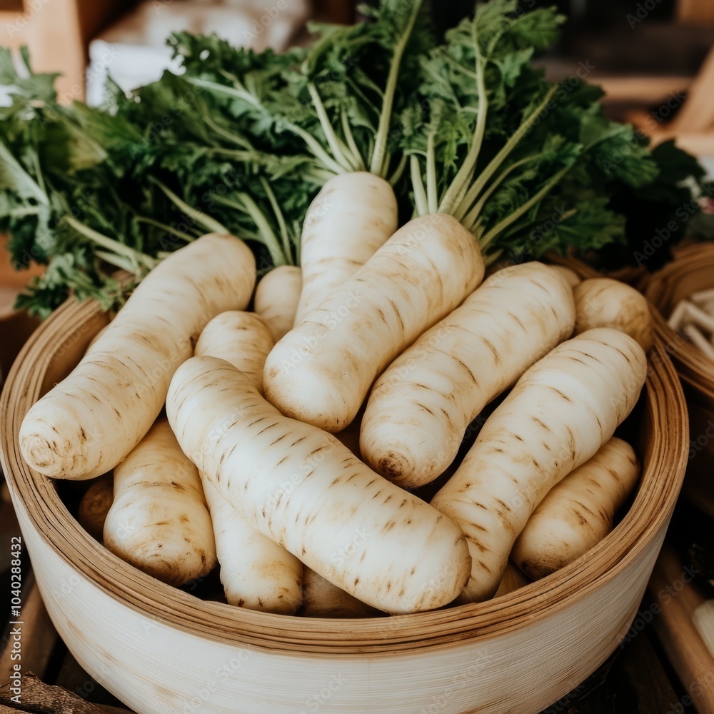 A basket of fresh, white radishes with leafy greens. A basket of fresh, white radishes with leafy greens.