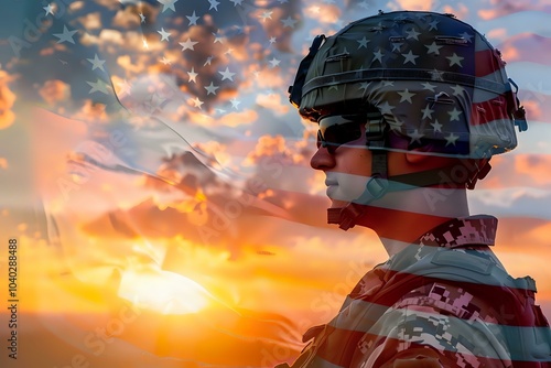 A soldier salutes against a sunset backdrop, blended with an American flag.