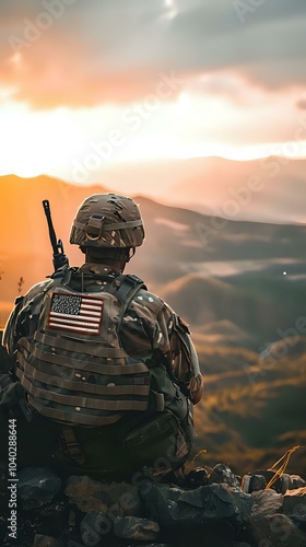 A soldier sits on a mountain, overlooking a scenic landscape at sunset.