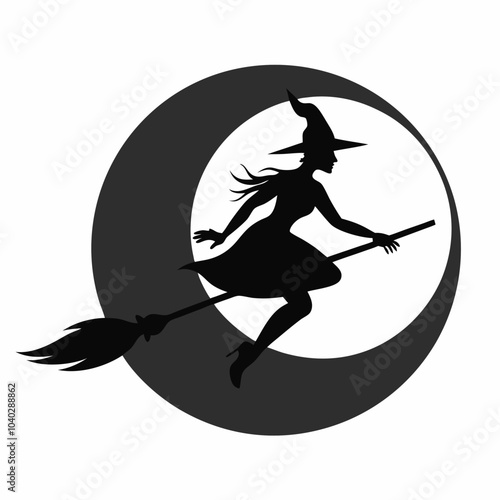 Witch flying on a broomstick with a full moon silhouette vector illustration on white background