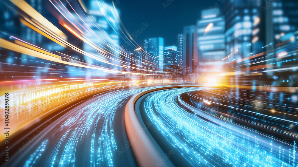 Fototapeta premium Bright light trails illustrate rapid data transfer through a vibrant cityscape illuminated at night